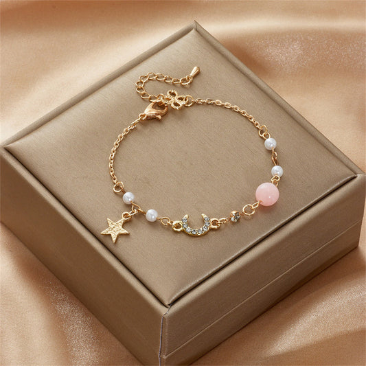 Japan Korea Star Moon-armbånd for kvinner jenter mote rosa krystall perlekjede armbånd engros designer smykker festgave